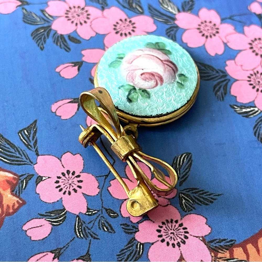 Vintage blue guilloche enamel & goldtone bow locket brooch pin romantic rose - Picture 4 of 8